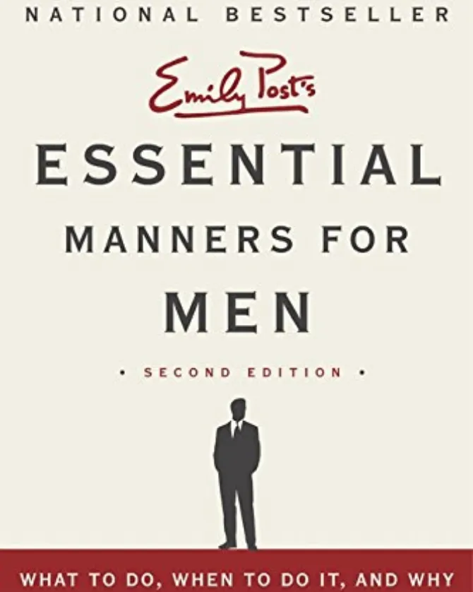 cover image for Emily Post's Essential Manners for Men 2nd edition showing title and a silhouette image of man in a suit