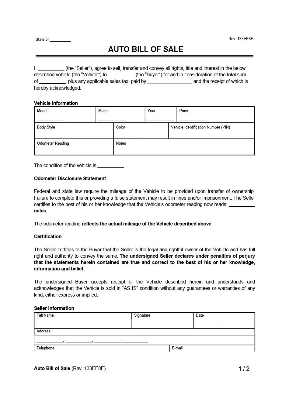 Auto Bill of Sale Example Form