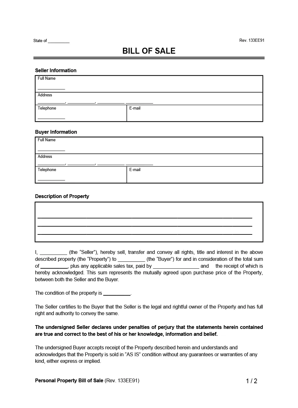 Personal Property Bill of Sale Example Form