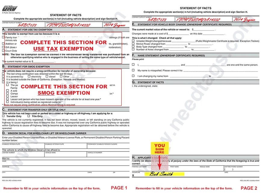 Smog Check and Use Tax Exemption When Adding Son To Vehicle Title - REG 256