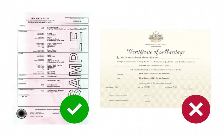 Sample of a standard marriage certificate with green tick, and sample of a commemorative marriage certificate with a red cross. 