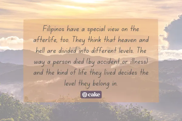 Text about Filipinos' view of the afterlife over an image of the Philippines
