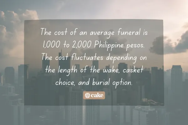 Text about the cost of funerals in the Philippines over an image of a city in the Philippines
