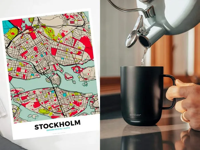 Grafomap map of Stockholm and kettle pouring water into the Ember smart mug.